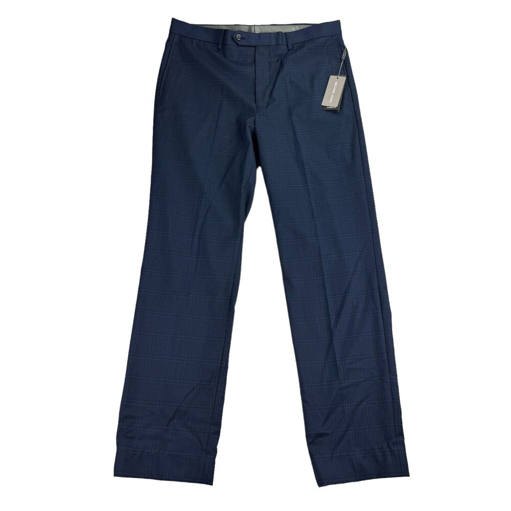 Michael Kors Mens Marvin Classic Fit Plaid Stretch Dress Pants Navy Blue 34x31